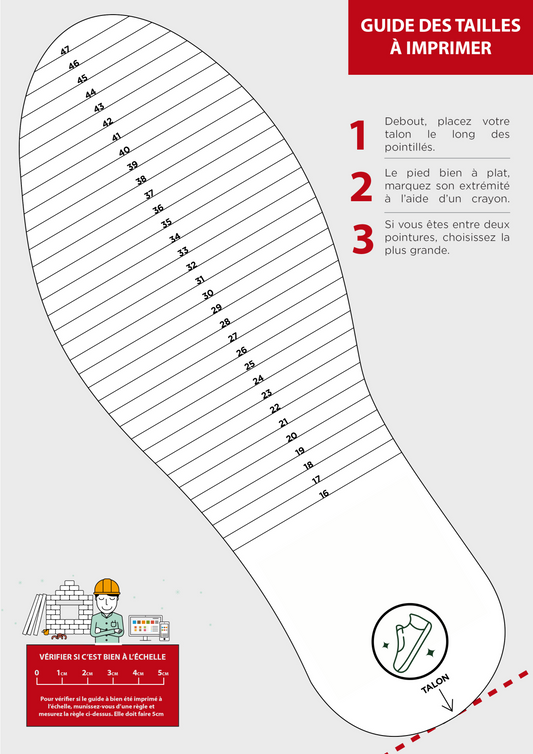 Guide de taille à imprimer pour chaussures de sécurité du 36 au 47