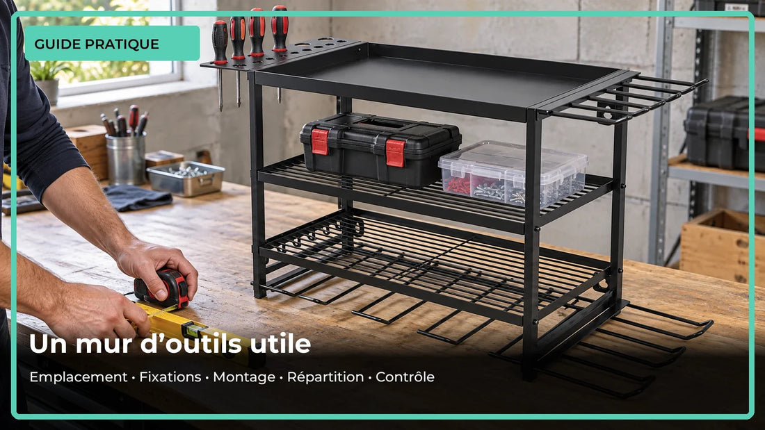 Préparation d’une étagère à outils sur l’établi avec un mètre et un niveau avant fixation au mur