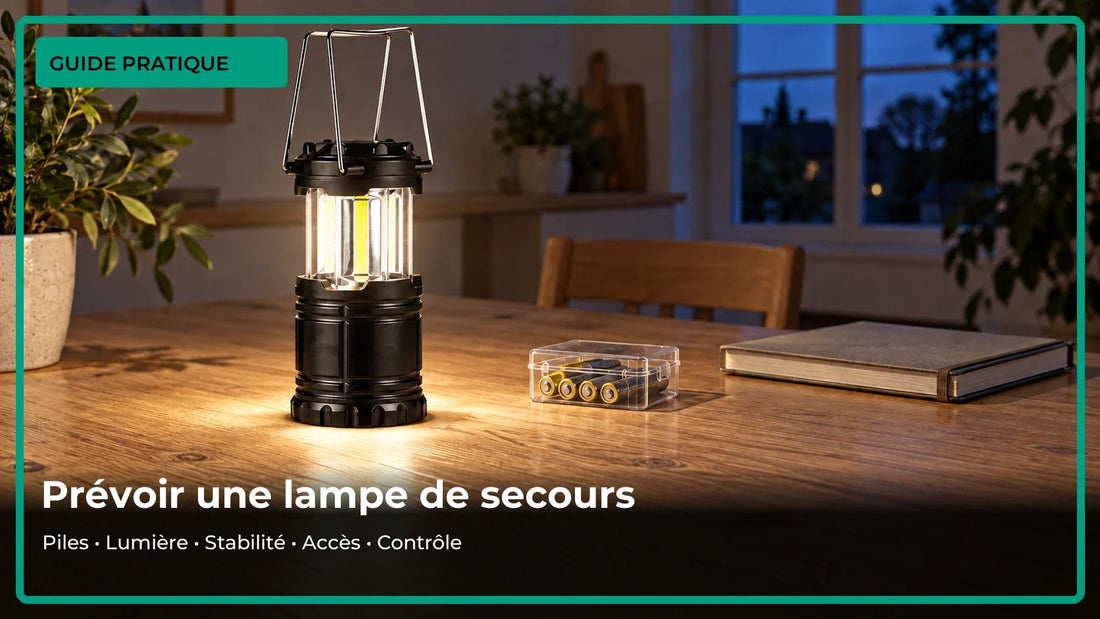 Lanterne LED préparée avec piles de réserve dans un logement.