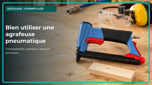 Agrafeuse pneumatique débranchée sur un établi, avec protections et chute d’essai