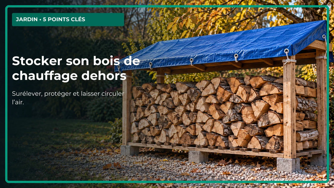 Stockage de bois de chauffage surélevé sous une couverture bleue, avec les côtés ouverts