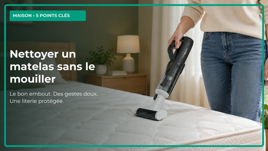 Aspiration à sec d’un matelas avec un module à main et une petite brosse adaptée