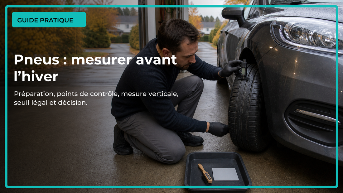 Mesure de la profondeur des rainures d’un pneu avec une jauge numérique avant l’hiver