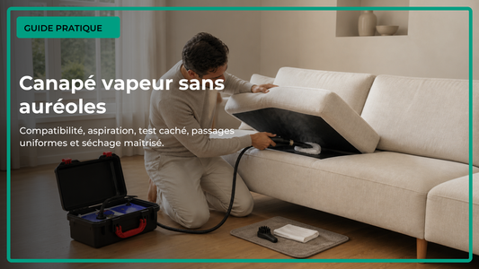 Nettoyage vapeur prudent d’un canapé en tissu clair dans un salon ventilé