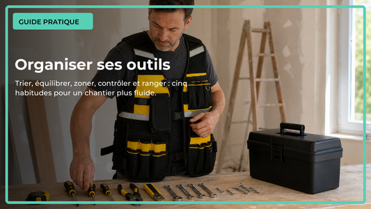 Artisan portant un gilet porte-outils dans un chantier intérieur organisé