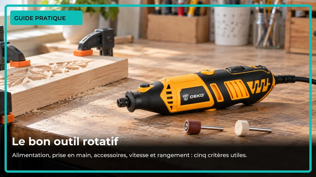 Outil rotatif DEKO filaire et petite pièce de bois sur un poste de création.