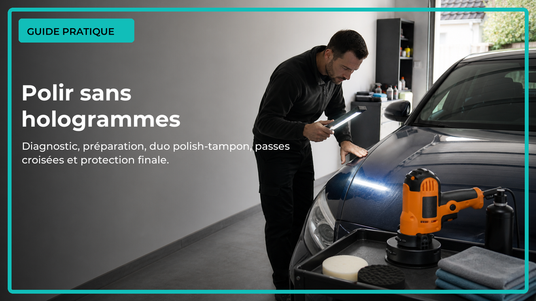 Polissage méthodique d’une carrosserie automobile ternie dans un garage lumineux