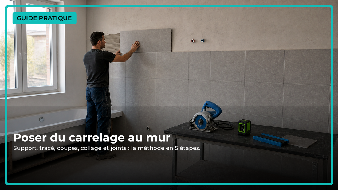 Guide de pose de carrelage mural avec scie, niveau laser et copieur intégrés à une scène de chantier réaliste