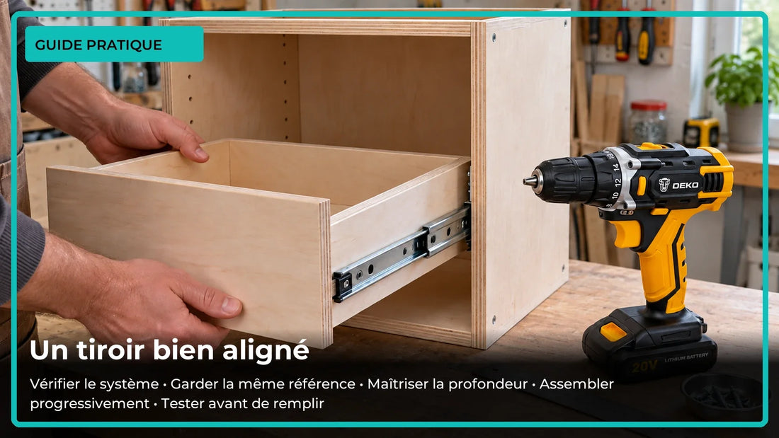 Tiroir en contreplaqué engagé sur ses coulisses et perceuse DEKO sur l’établi.