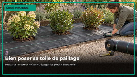 Massif d'arbustes paillé avec une toile noire tissée, rouleau et matériel de mesure à proximité.