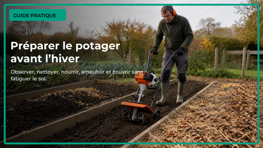 Jardinier utilisant un motoculteur sur une planche de potager préparée en automne