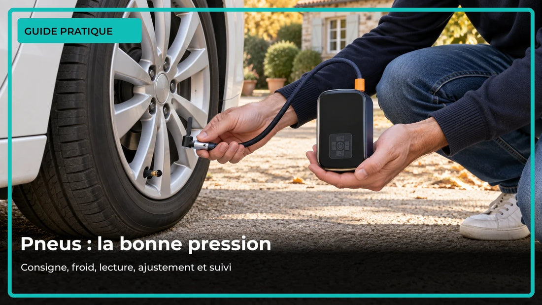 Contrôle de pression d’un pneu de voiture avec pompe sans fil et notice du véhicule