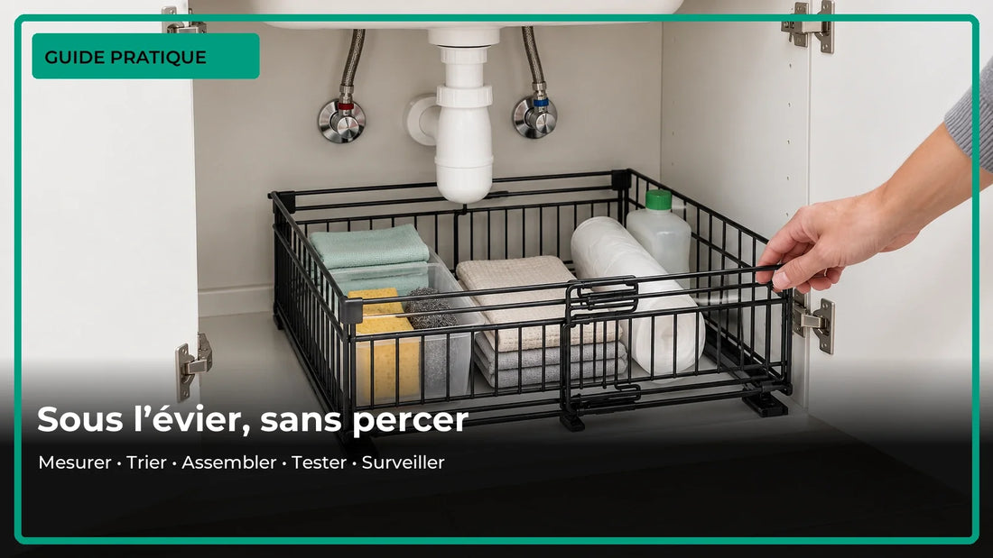 Rangement coulissant noir installé sous l’évier, avec tuyauterie accessible.