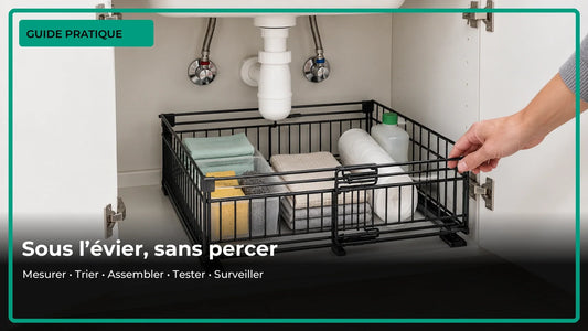 Rangement coulissant noir installé sous l’évier, avec tuyauterie accessible.