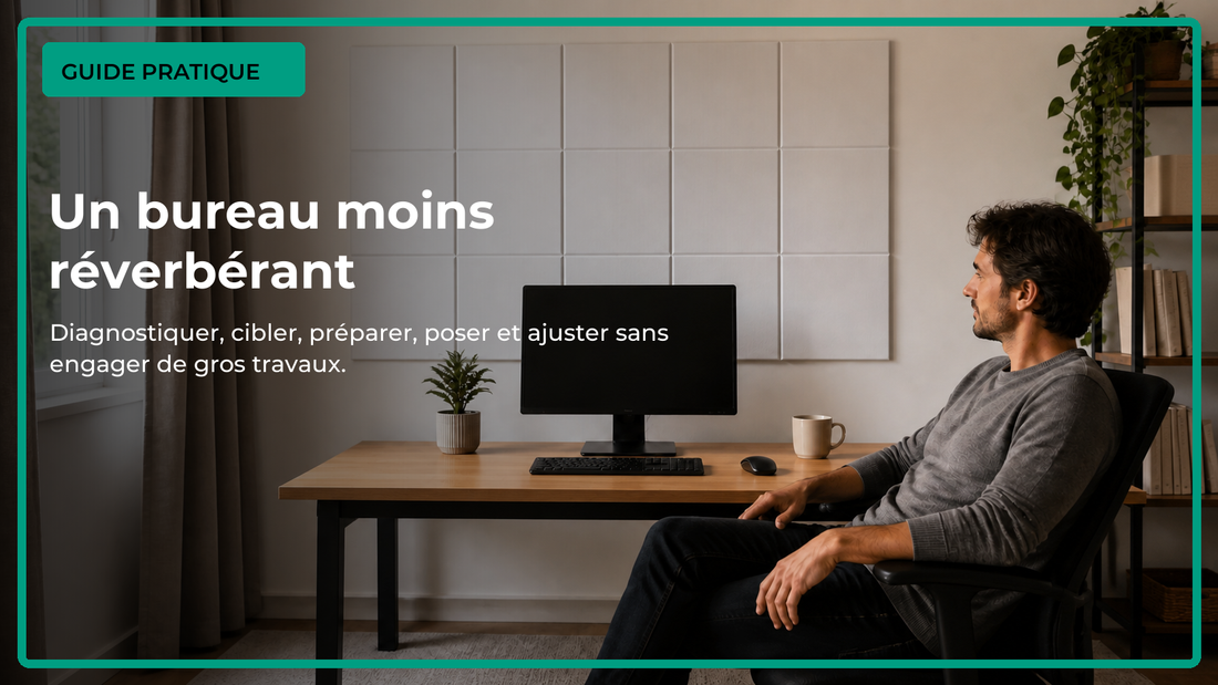 Bureau lumineux avec panneaux acoustiques blancs disposés derrière le poste de travail