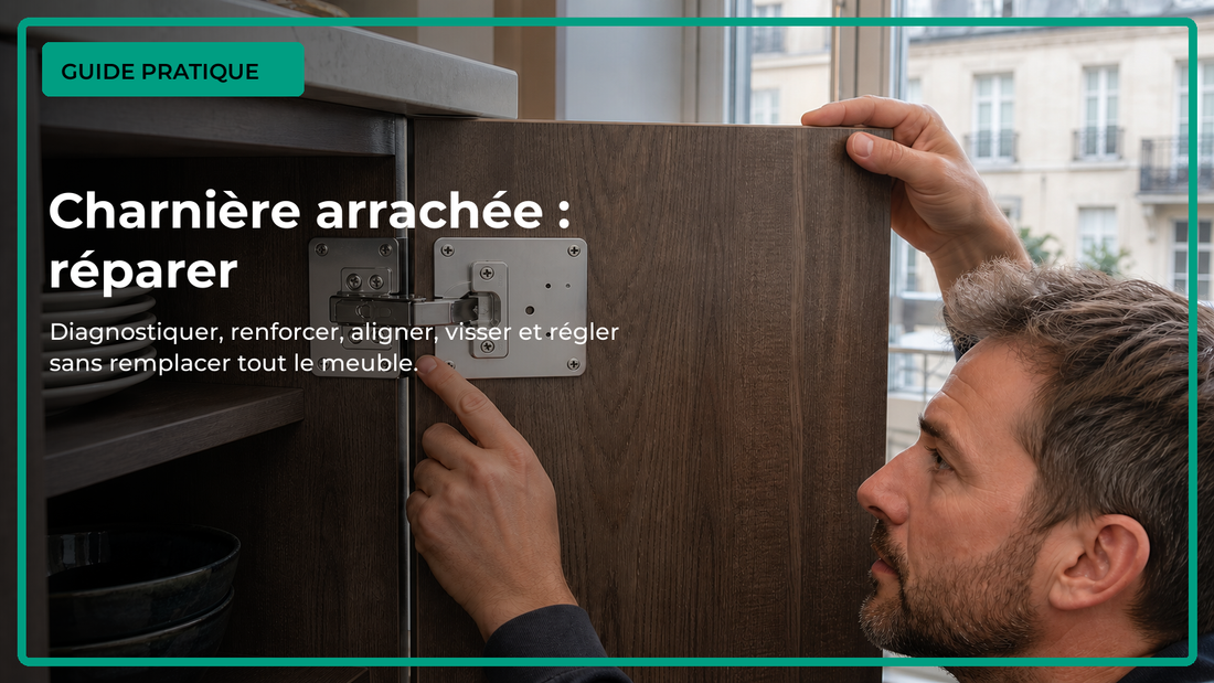 Réparation d’une charnière de placard avec deux plaques en acier inoxydable