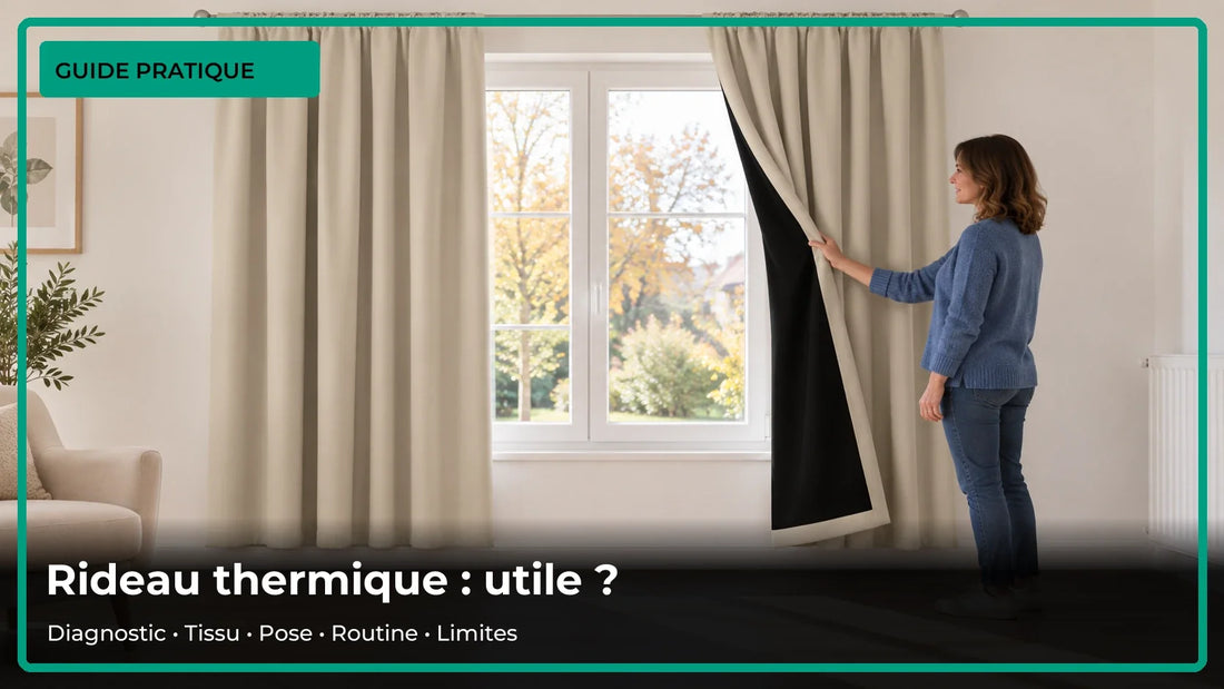 Rideau beige installé devant une fenêtre dans une pièce lumineuse.