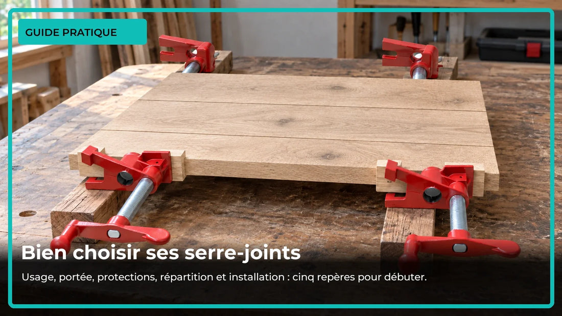 Petit panneau de bois sur dormants avec cales et appuis visibles dans un atelier rangé.