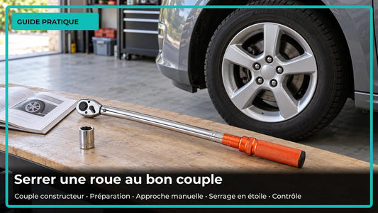 Clé dynamométrique VEVOR et manuel à côté d’une roue automobile à cinq fixations.