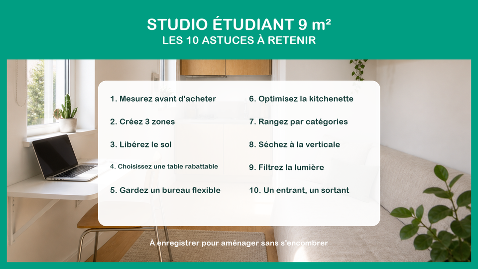 Récapitulatif des 10 astuces pour aménager un studio étudiant de 9 m²