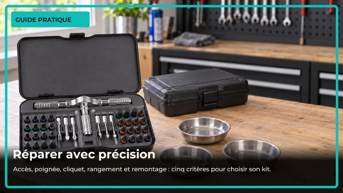 Coffret de tournevis modulaire chromé et coupelles pour organiser une petite réparation
