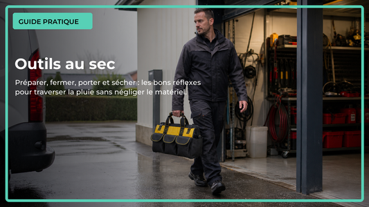 Technicien transportant un sac à outils noir et jaune sous une pluie légère
