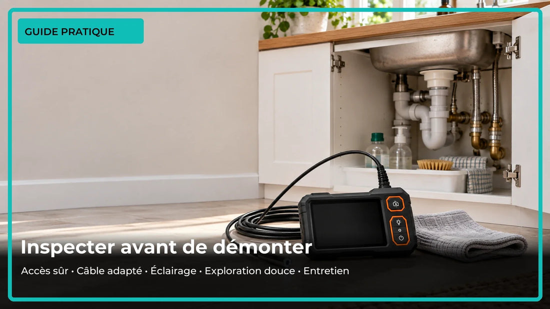 Caméra endoscopique noire avec boutons orange, câble et chiffon près d’un meuble ouvert.