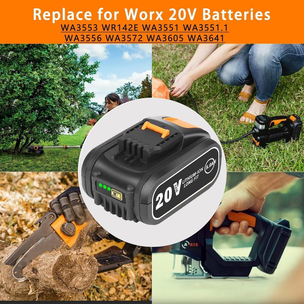 Lot De 2 Batteries De Rechange 5,0 Ah Pour Outils Worx 20 V - Compatible Avec WA3553, WA3551, WA3572, WX390, WX176, WX178, WU268, WX166.4, WX372.1, WX800, WG2 59E