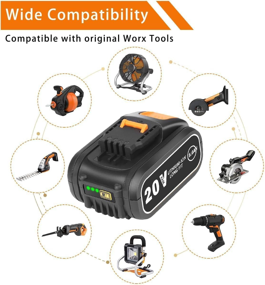 Lot De 2 Batteries De Rechange 5,0 Ah Pour Outils Worx 20 V - Compatible Avec WA3553, WA3551, WA3572, WX390, WX176, WX178, WU268, WX166.4, WX372.1, WX800, WG2 59E