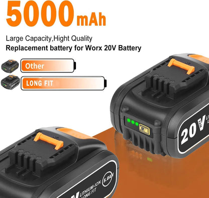 Lot De 2 Batteries De Rechange 5,0 Ah Pour Outils Worx 20 V - Compatible Avec WA3553, WA3551, WA3572, WX390, WX176, WX178, WU268, WX166.4, WX372.1, WX800, WG2 59E