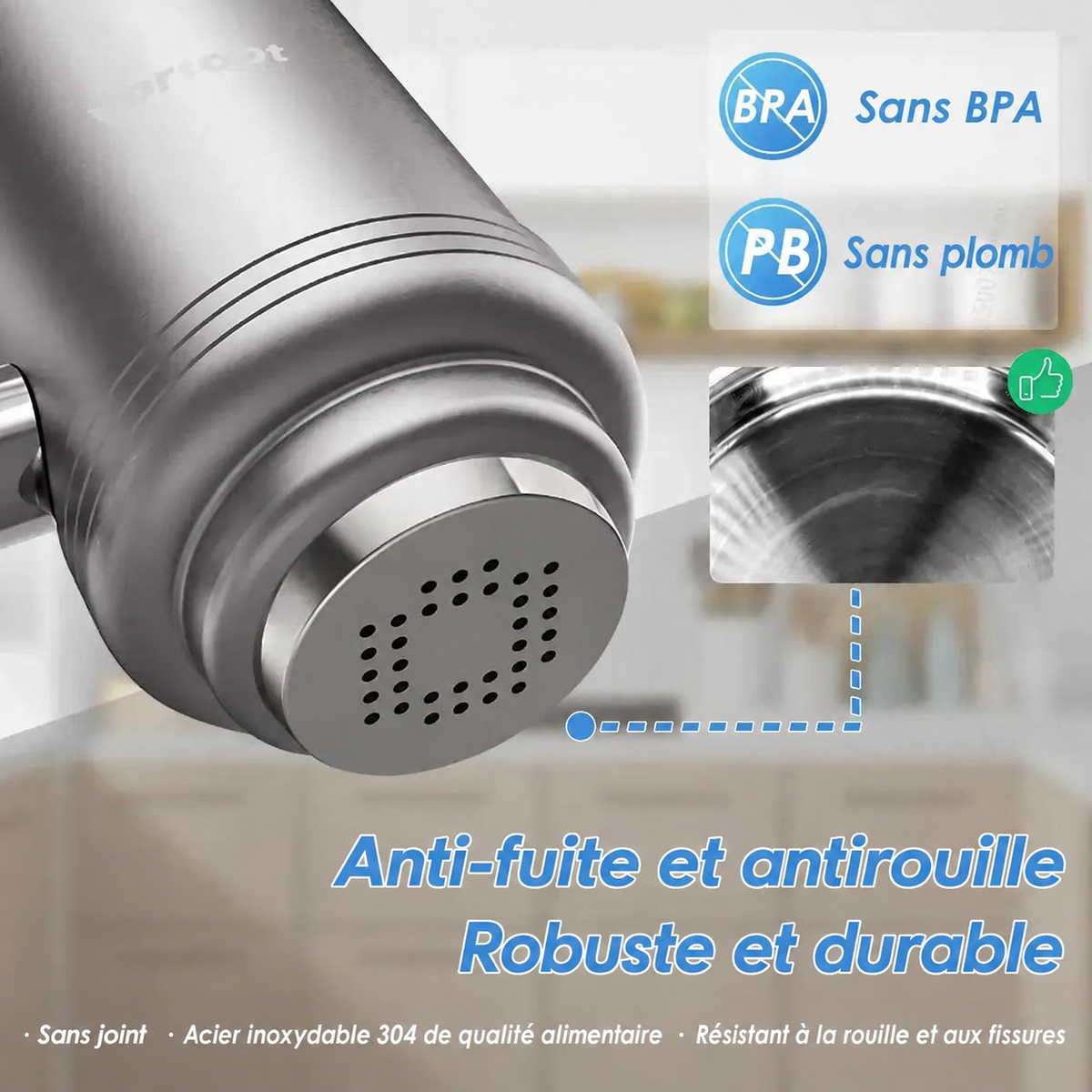Filtre sur robinet inox – texte en français