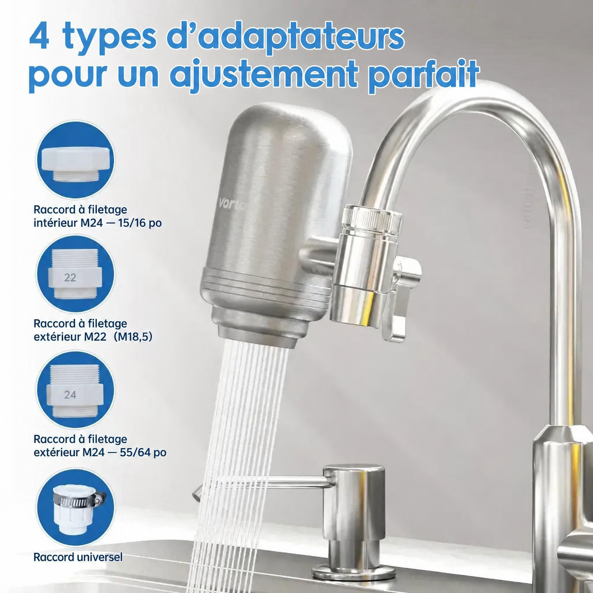 Filtre sur robinet inox – texte en français