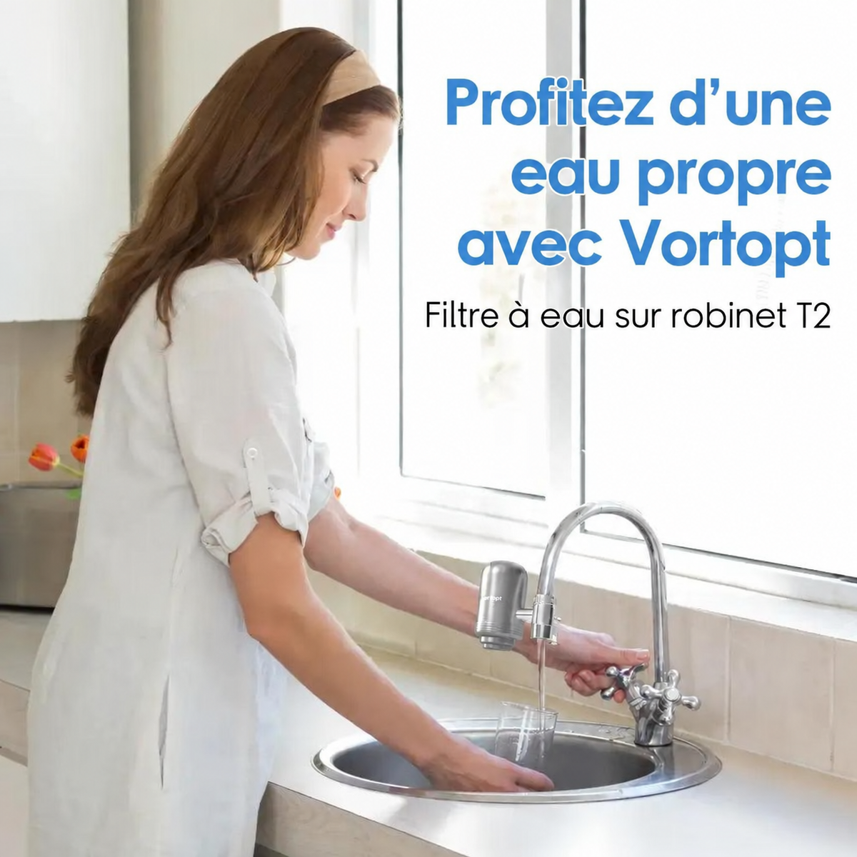 Filtre sur robinet inox – texte en français