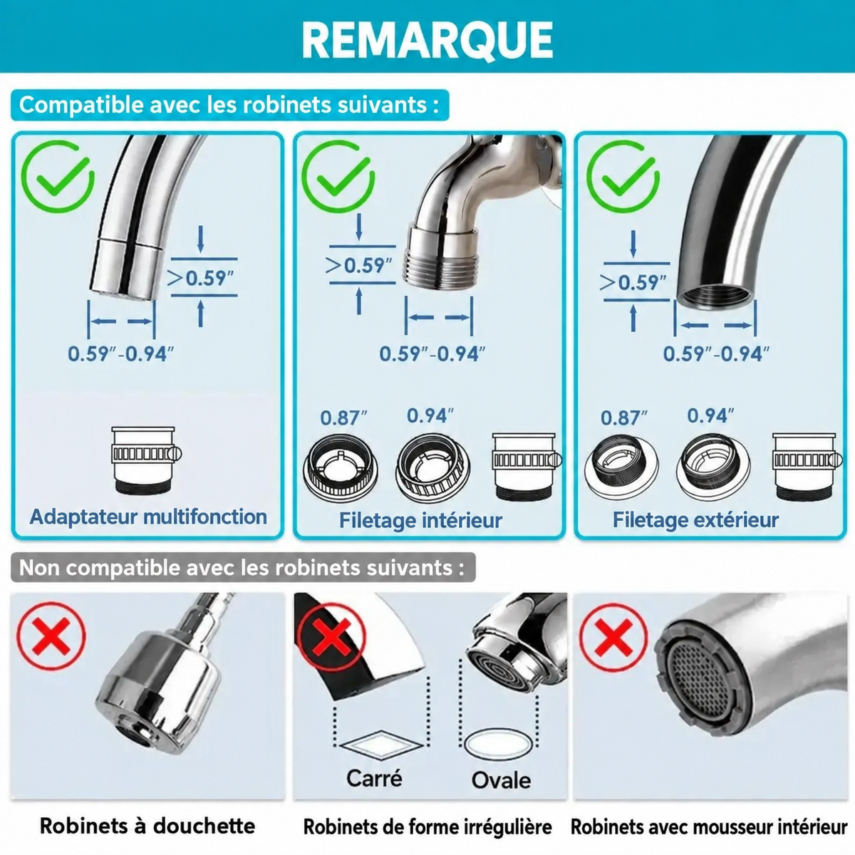 Filtre sur robinet inox – texte en français