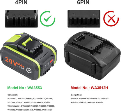 20V 4000Mah/4.0Ah Batterie De Remplacement Pour Worx 20V WA3551, WA3551.1 WA3553 WA3553.2 WA3641 WG629E WG546E WU268 WX166.4 WX372.1 WX800 2 WX67 8 WX550 WX523 WU531.9 WG894E WG629E WG329E
