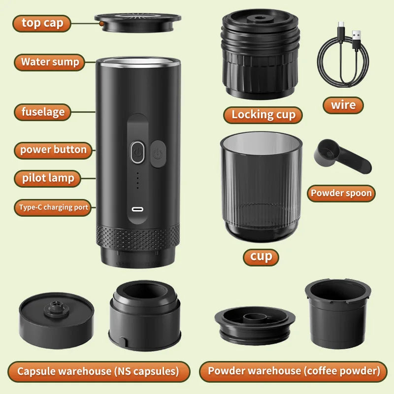 Cafetière expresso portable électrique – capsules et café moulu