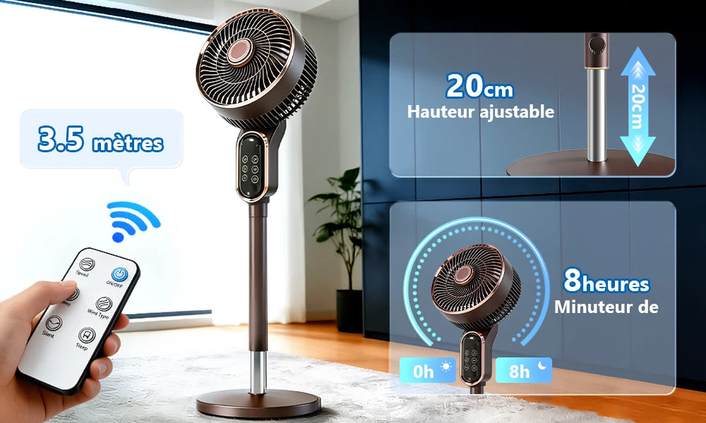 Ventilateur Sur Pied Silencieux Télécommande 3 Vitesses
