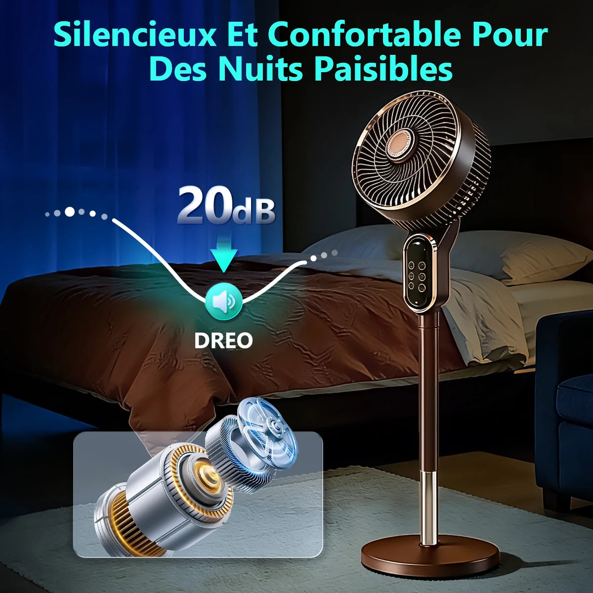 Ventilateur Sur Pied Silencieux Télécommande 3 Vitesses
