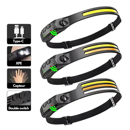 COB LED | Lampe frontale à capteur LED rechargeable activit bricolage camping capteur cette clairage confort elle frontale lampe mouvement obscurit plein port pour professionnels prolong puissance rapide recharge rechargeable travailzen travaux vous