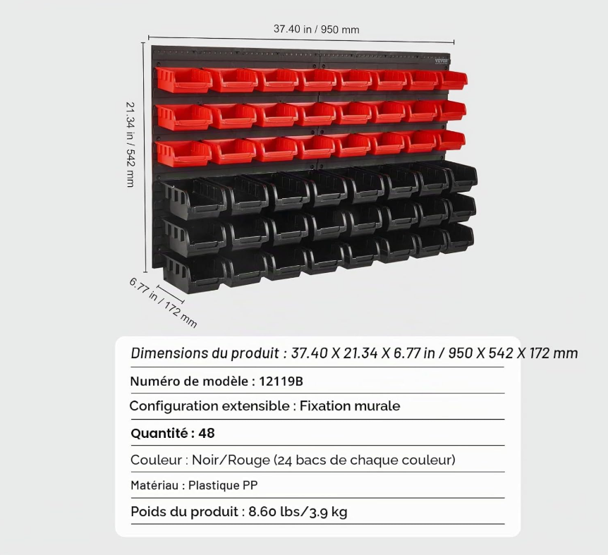 Bacs de rangement muraux 30 ou 48 pièces avec panneaux modulables 48pcs France