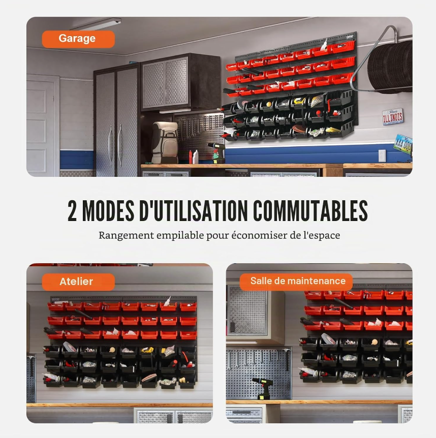 Bacs de rangement muraux 30 ou 48 pièces avec panneaux modulables