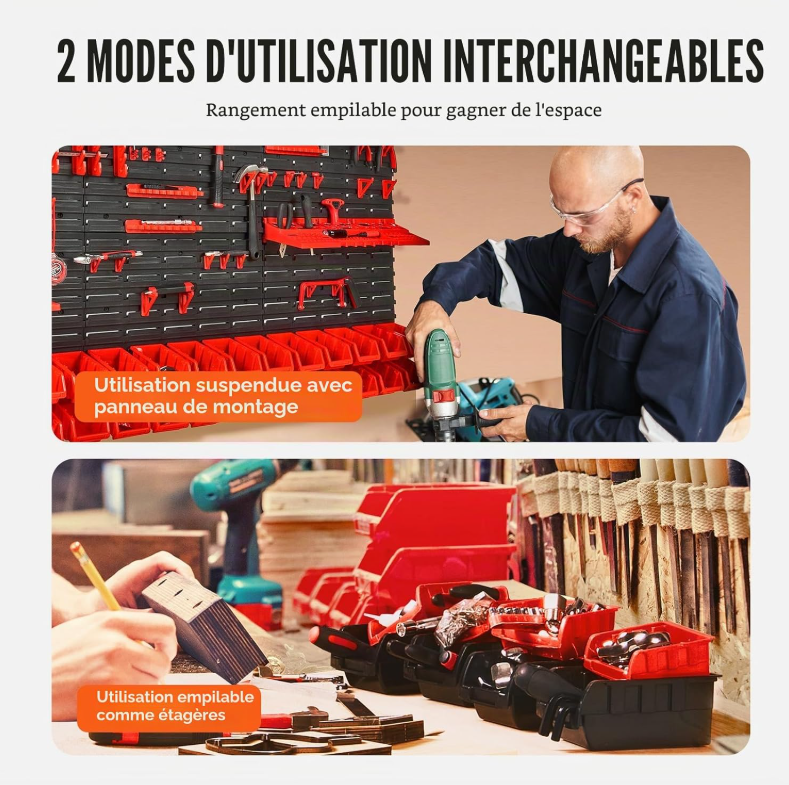 Bacs de rangement muraux 30 ou 48 pièces avec panneaux modulables