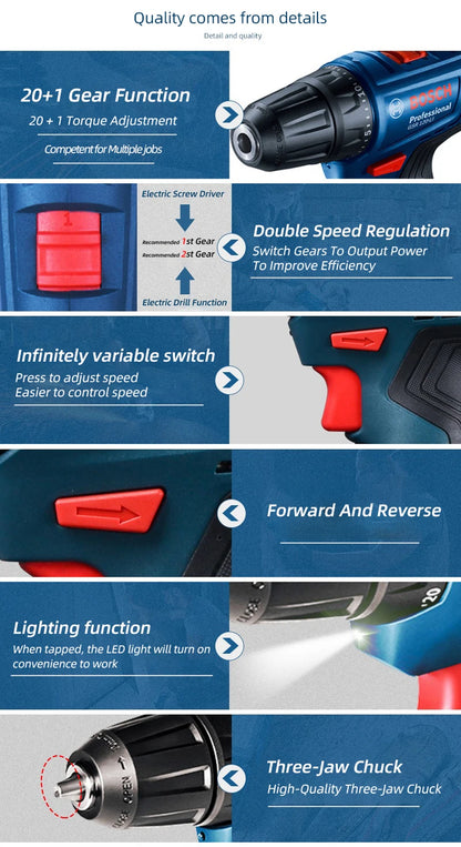 Bosch GSR 120-LI Perceuse Sans Fil 12V - Puissante pour Travaux Métal et Bois - Manuzen