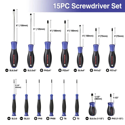 WORKPRO Jeu de Tournevis Magnétiques 15 Pièces Grip Antidérapant Phillips Pozi