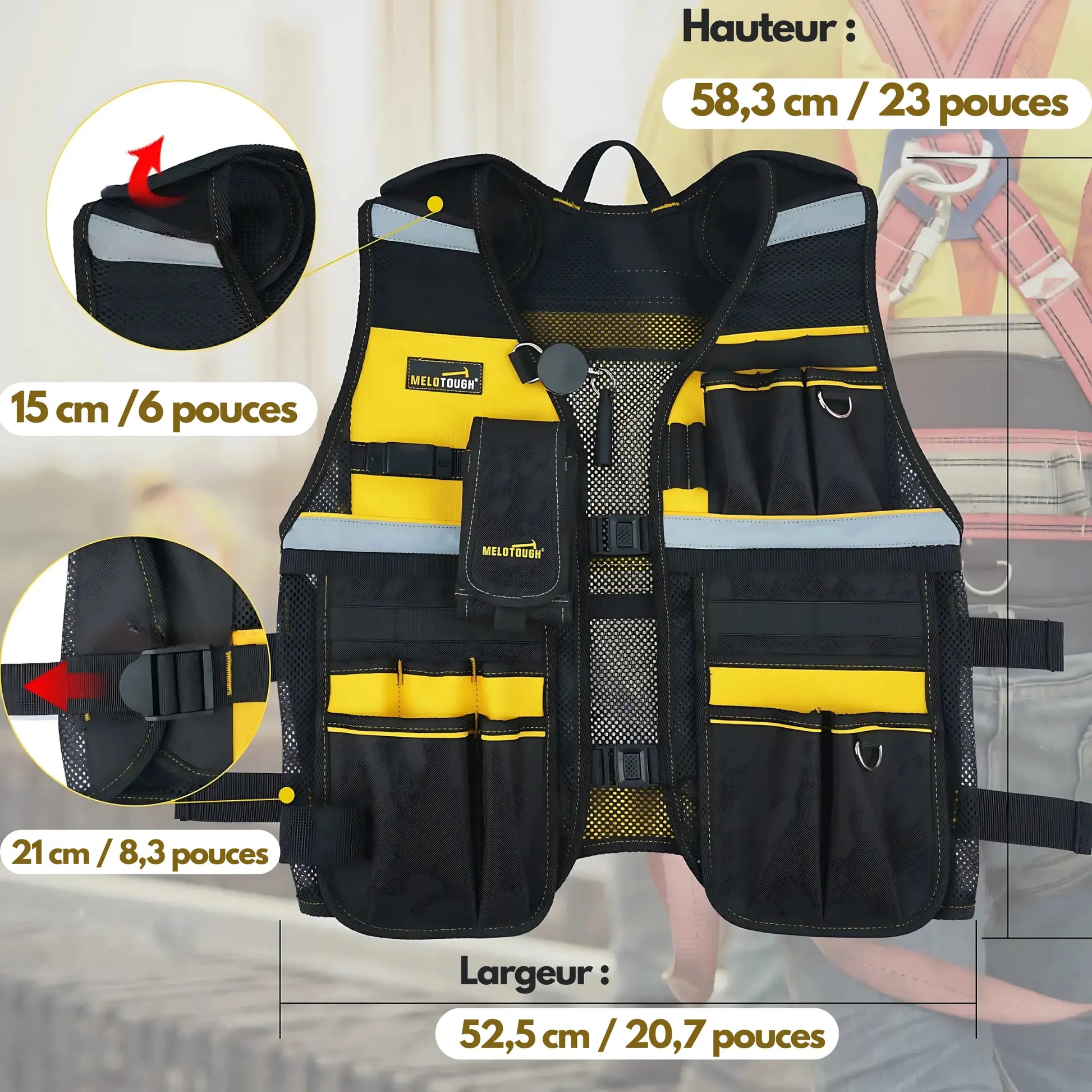 MELOTOUGH – Gilet à outils professionnel respirant et réglable Noir et Jaune confort gilet glable melotough outils pour professionnel rangement respirant tous tout