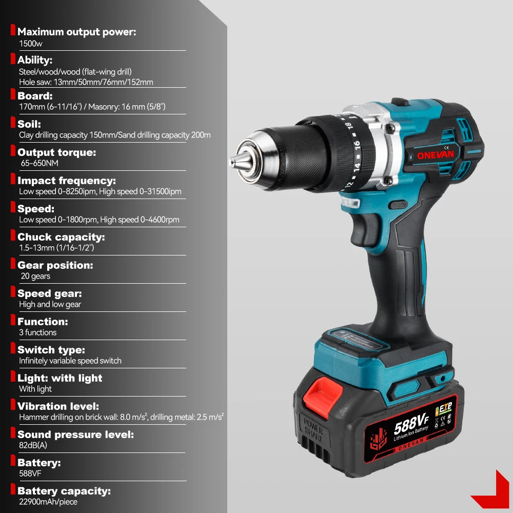 ONEVAN Perceuse À Percussion Brushless Couple Élevé 650 Nm 13 mm Pour Makita 18V - Manuzen