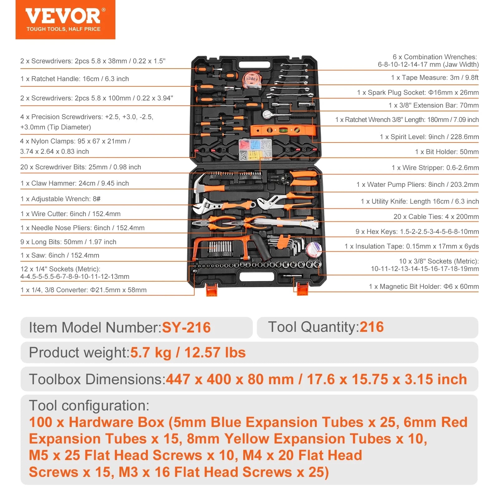 VEVOR Coffret Outils 216 Pièces - Réparations Rapides - Mallette Portable 216pcs