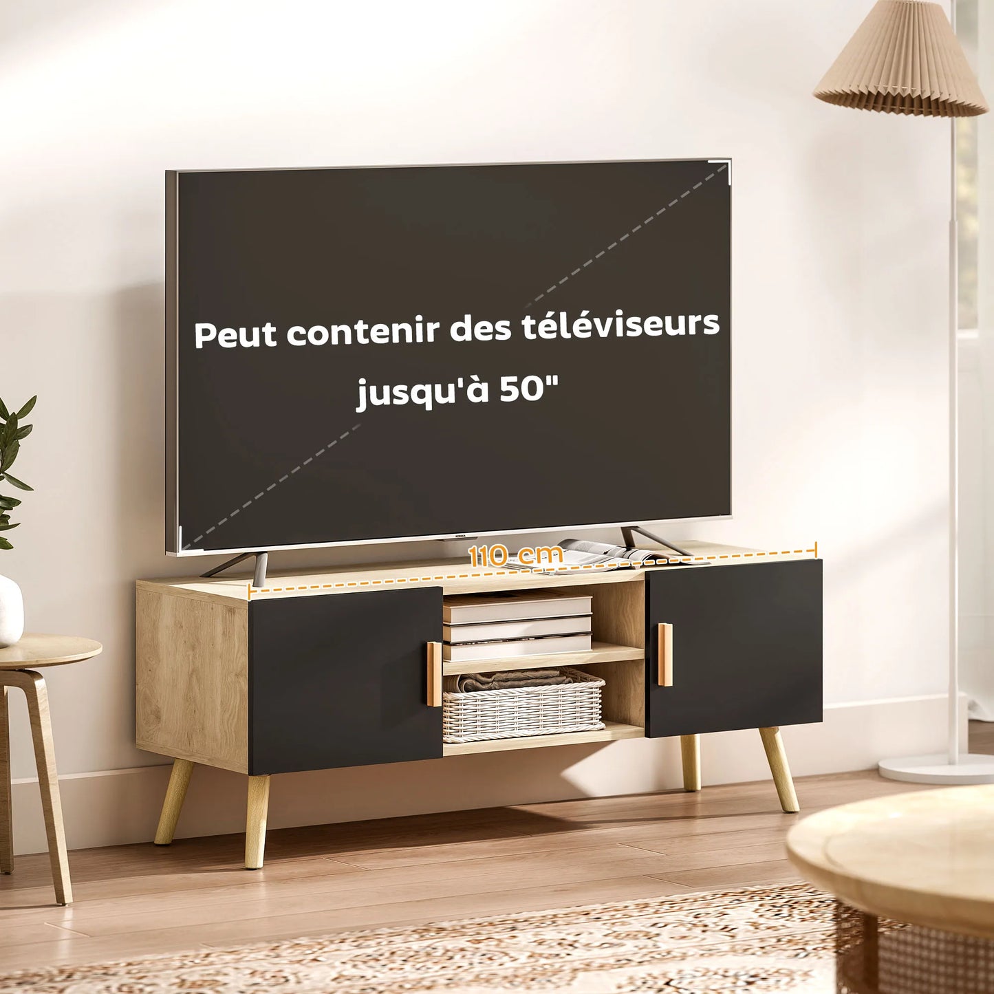 Meuble TV 110 cm – 2 placards, niches et passe-câbles