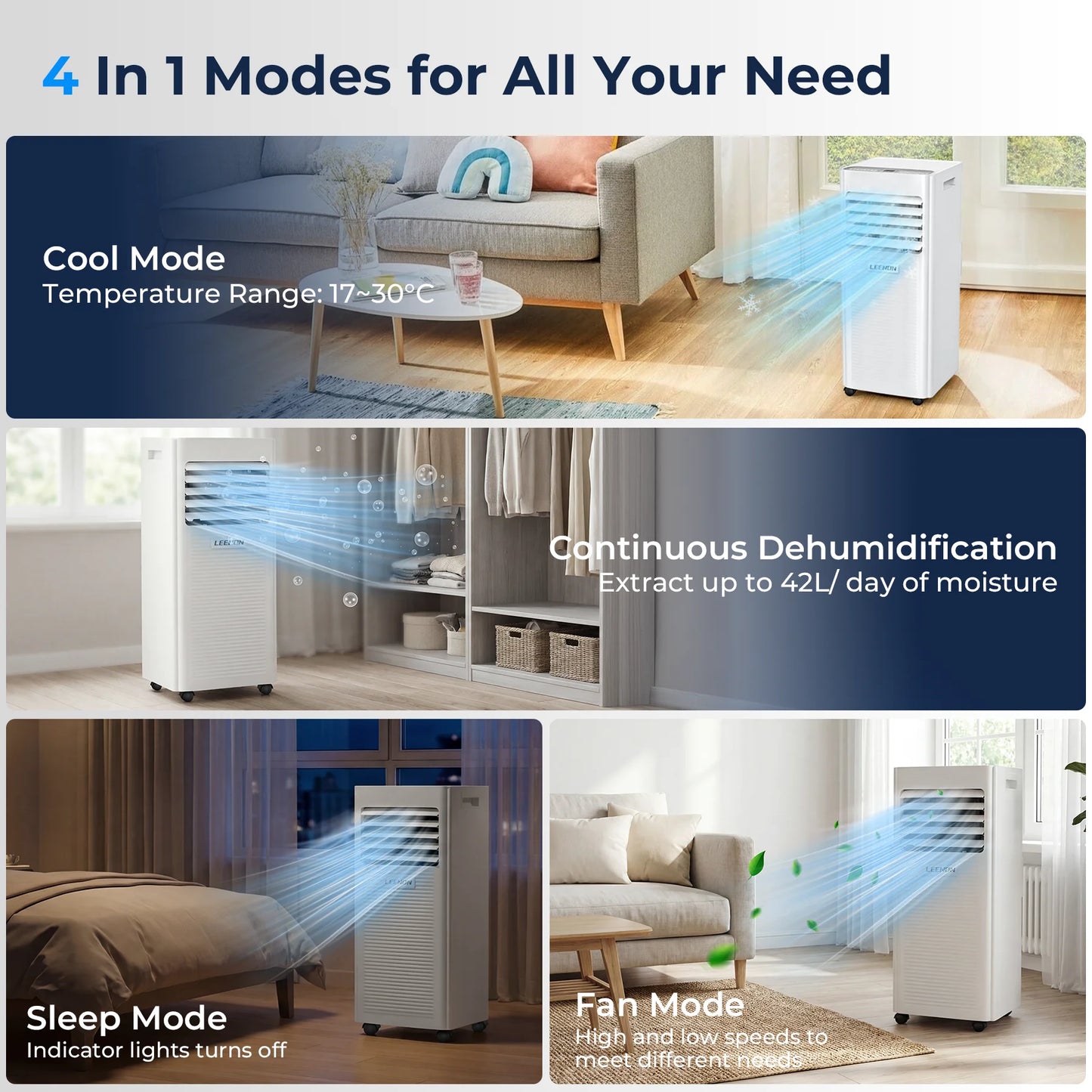 Climatiseur Mobile 14000 BTU Refroidissement Déshumidification Pièces 100 m3