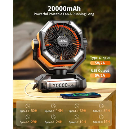 Ventilateur Camping Portable Avec Lanternes LED Et Batterie 20000mAh